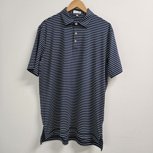 Peter Millar Polo Shirt Men Large Navy Blue Green Striped Golf Summer Comfort - Picture 1 of 12